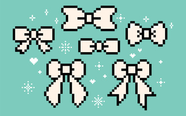Set of various pixel art bow knots, gift ribbons. Abstract hair braiding accessory. Y2k trendy playful pixelated stickers. Mood of 90's aesthetics. 8-bit retro style vector illustration