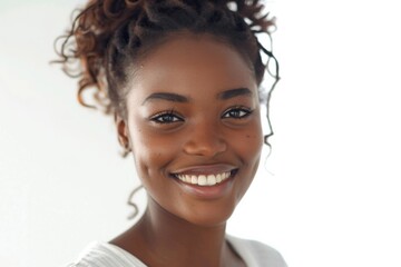 Wall Mural - Curly-haired woman in white shirt smiling at camera