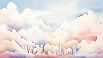 Wall Mural - Urban landscape in pink and blue clouds, background postcard in watercolor style