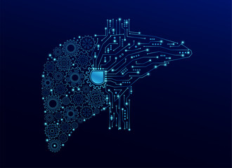 Wall Mural - Gear engineering cogwheel and electronic circuit in form liver. Innovation propulsion health care medical technology futuristic.  Mechanical digital organ on dark blue background. Vector EPS10.