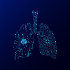 Wall Mural - Gear engineering cogwheel and electronic circuit in form lung human. Innovation propulsion health care medical technology futuristic.  Mechanical digital organ on dark blue background. Vector EPS10.