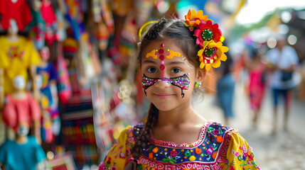 Portrait of a young girl with traditional face paint, wearing colorful ethnic attire, set against the backdrop of a bustling street market