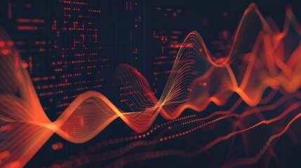 Wall Mural - Futuristic digital waveforms in red tones representing data visualization on a dark background.