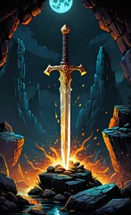 Wall Mural - Glowing sword on dark rough rock backgrounds, game scene or fantasy scene of adventure.