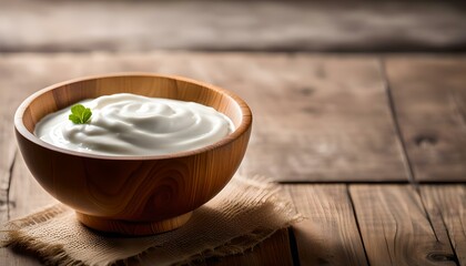 Wall Mural - plain yogurt in wooden bowl
