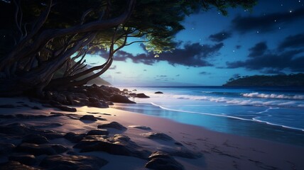 The Eerie Beauty of a Serene Beach at Dusk: Capturing Tranquil Waves, Soft Sands, and a Mystical Sunset Horizon.





