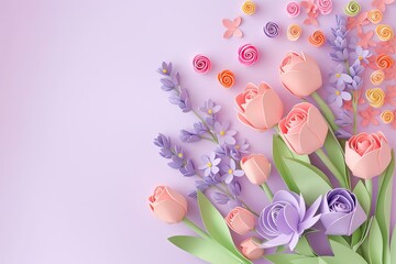 Wall Mural - Flowers paper cut design. Beautiful spring paper cut flowers on soft color background. Valentine's Day, Birthday, Happy Woman Day, Mother's Day. Holiday poster and banner with flower papercut