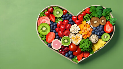 Wall Mural - A heart-shaped bowl filled with nutritious diet foods, including fresh fruits, vegetables, and whole grains, promoting heart health and cardiovascular wellness, healthy diet food concept, green backgr