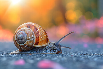 Close-up photo of snails crawling on asphalt road after rain.