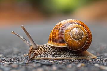 Close-up photo of snails crawling on asphalt road after rain.