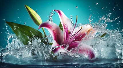 Wall Mural - Water splash on lily flower, vibrant colors, high contrast, high resolution., high detail, high resolution, high resolution digital art on product photography theme, advertising poster style