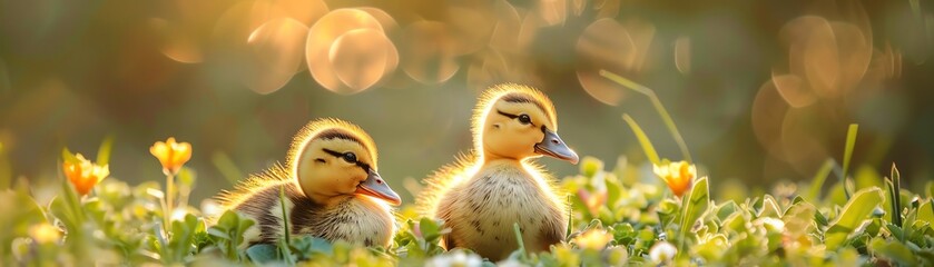 Two adorable ducklings nestled in green grass, soft focus, warm lighting