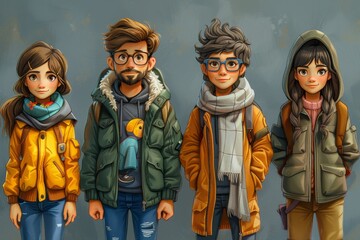 Wall Mural - Stylish group of four friends dressed in warm autumn attire posing together