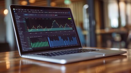 Fototapete - A laptop displaying stock market data and performance graphs, illustrating the use of technology in investment analysis