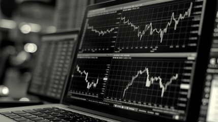 Fototapete - A laptop displaying stock market data and performance graphs, illustrating the use of technology in investment analysis