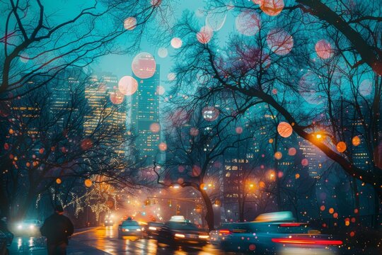City Lights and Nature Elements**: 