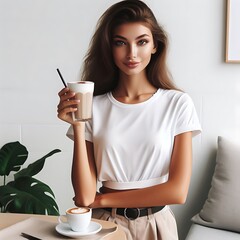 Wall Mural - A woman mockup shirts white holding a cup of coffee realistic Illustrative optimized realistic.
