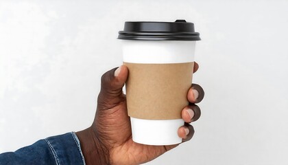 Paper coffee cup mockup, showing a plain white and brown paper coffee cup held for affixing text or image designs as a mock up. products, advertising