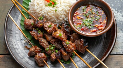 Wall Mural - A plate of Thai-style grilled pork skewers, or moo ping, served with sticky rice and a spicy dipping sauce