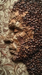 Wall Mural - An image of a human face or figure composed of various shades and shapes of coffee beans mixed with other materials such as paper or fabric, against a background of coffee pattern or texture. --no