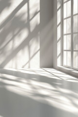 Wall Mural - sunlight streaming through large windows casting intricate shadows on a white wall, creating a seren