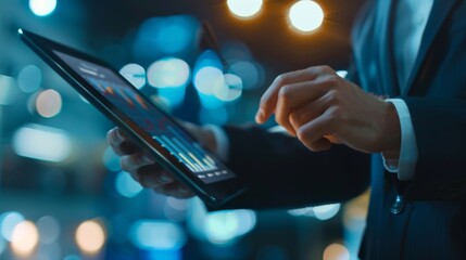 Poster - A professional in a suit analyzing a business graph on a digital tablet, showcasing data-driven decision-making in a corporate setting
