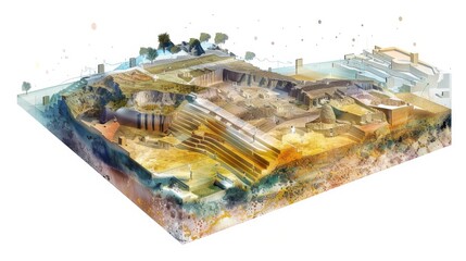 A geometric diagram showing an archaeological site cross-section, with many transparent layers, in the style of luminous landscapes, white background, isometric, site vistas with cartelcore, luminous 