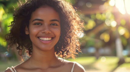 Brazilian young woman smiling portrait female welcoming face