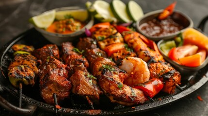 A sizzling tandoori platter with skewers of marinated chicken, lamb, and prawns, served with grilled vegetables and chutney