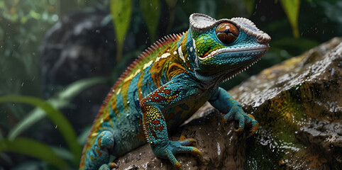 Wall Mural - photo Exotic Reptile of chameleon with various colors of nature