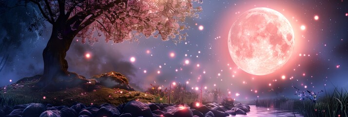 painting of a full moon and a river and a tree with pink flowers