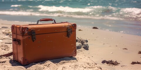 Wall Mural - suitcase sitting on the beach with the ocean in the background