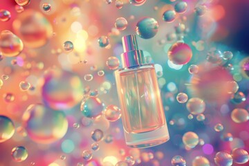 Wall Mural - Ethereal Perfume Bottle Floating in a Dreamy Abstract Background with Glowing Orbs