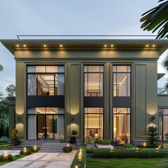 Modern luxury exterior of a classic suburban style house with muted olive walls and large windows, complemented by a modern and elegant front garden.