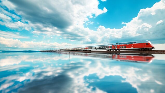 a red color train passes by a dreamy landscape of a lake on a cloudy day
