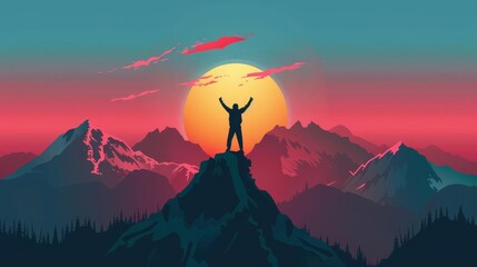 triumphant silhouette of man with arms raised in victory on scenic mountain peak at sunset inspirational motivational concept vector illustration