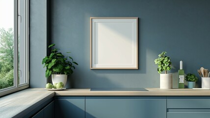 Wall Mural - Frame mockup, cabinet sink home kitchen interior, close-up 3D render