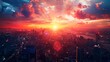 © imlane - cyberpunk city at sundown, aerial view, digital art style