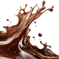 Chocolate milk sauce splash or syrup flowing pour wave with spatter drops isolated on transparency background, PNG cut out, creative, flowing wave explode, luxury, liquid fluid, beautiful.