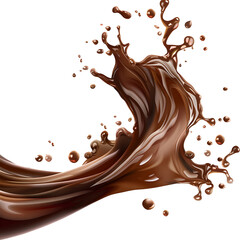 Chocolate milk sauce splash or syrup flowing pour wave with spatter drops isolated on transparency background, PNG cut out, creative, flowing wave explode, luxury, liquid fluid, beautiful.