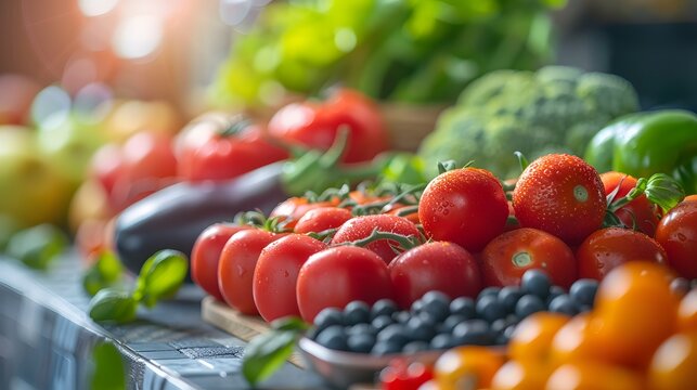 A close-up shot of vibrant red tomatoes on display at a farmers market, surrounded by other fresh produce.