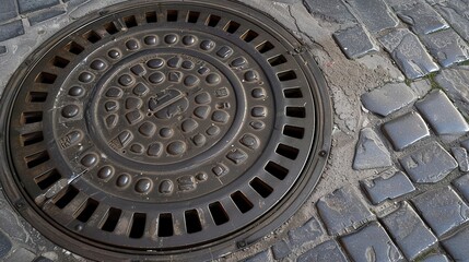 Canvas Print - Manhole cover on an urban road, close-up, detailed ironwork, essential city infrastructure, no people 