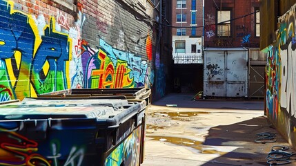 Poster - Back alley in the city, close-up, graffiti walls and empty dumpsters, hidden urban passage, no people 