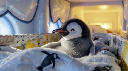 Wall Mural - A baby penguin nestled in a cool, air-conditioned room, lying comfortably in a crib decorated with Antarctic motifs, ensuring it stays chilled during the warm season.