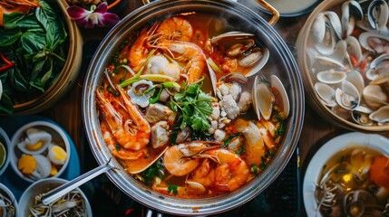 Wall Mural - A traditional Thai hot pot, or jim jum, filled with a variety of meats, seafood, and vegetables, simmering in a flavorful broth