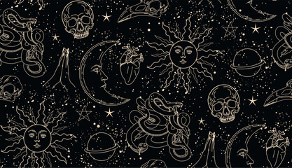 Wall Mural - Seamless pattern with mystical elements. Set of linear vector illustrations. Celestial illustrations depicting the sun, moon, planet. design elements for decoration in a modern style.Gothic pattern. 