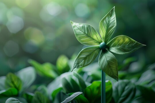 Eco-Friendly Green Leaf Pinwheel in a Lush Garden Setting with Sunlight and Bokeh Background, Symbolizing Renewable Energy and Environmental Sustainability