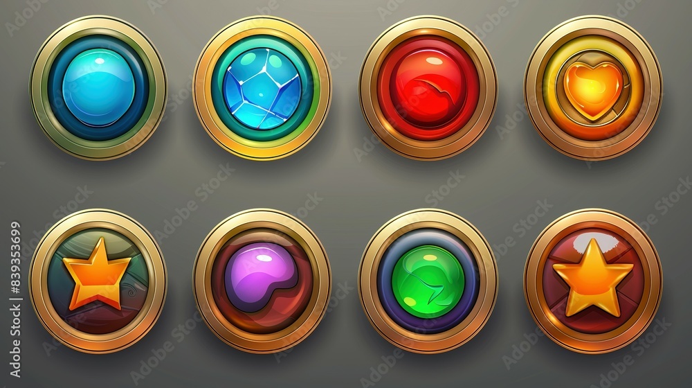 Video Game Level Icon Cartoon and 3D realistic of the vector game level golden ui icons ...