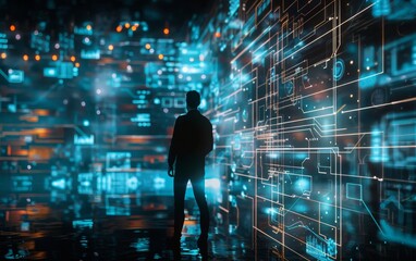 Automated process mapping for enterprise solutions, selective focus, business optimization, futuristic, silhouette, tech hub backdrop