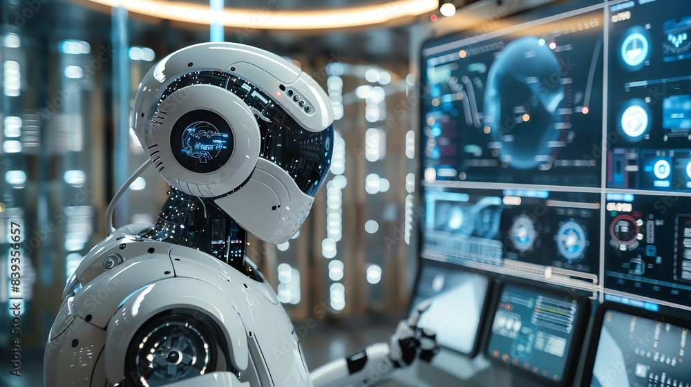 AI-powered robot in a modern lab, analyzing data on multiple screens ...